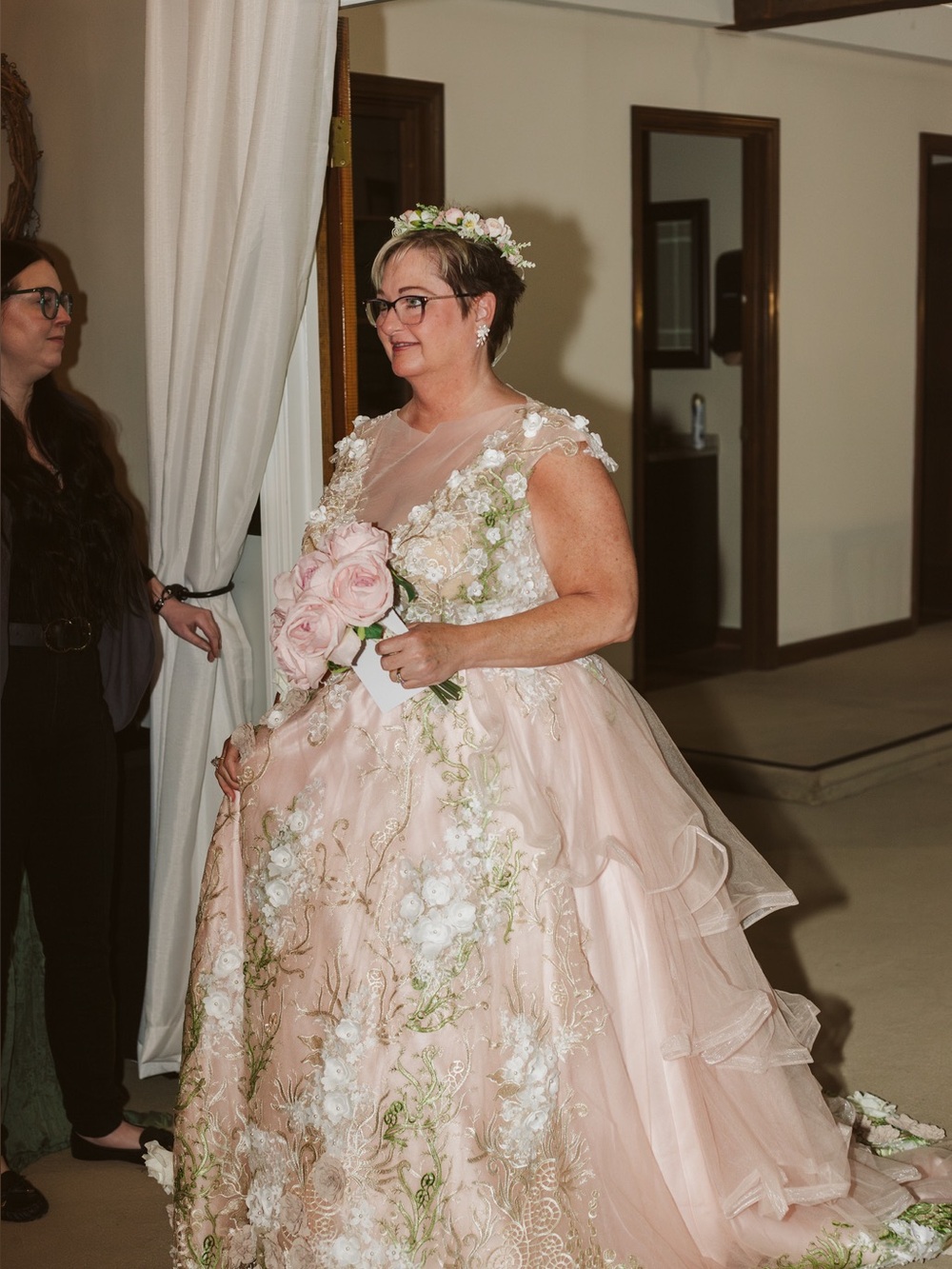 Romantic Blush Pink Floral Appliqué Wedding Dress
